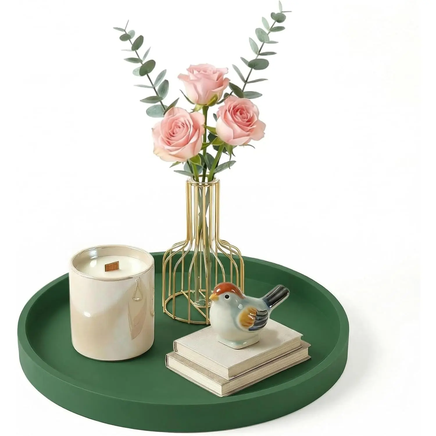 Round Green  Decorative Bathroom  Tray 9 Inch, Counter Tray for Bathroom Countertop Perfume Holder Dresser Organizer Coffee Table Candle, Non-Slip Durable for  Use