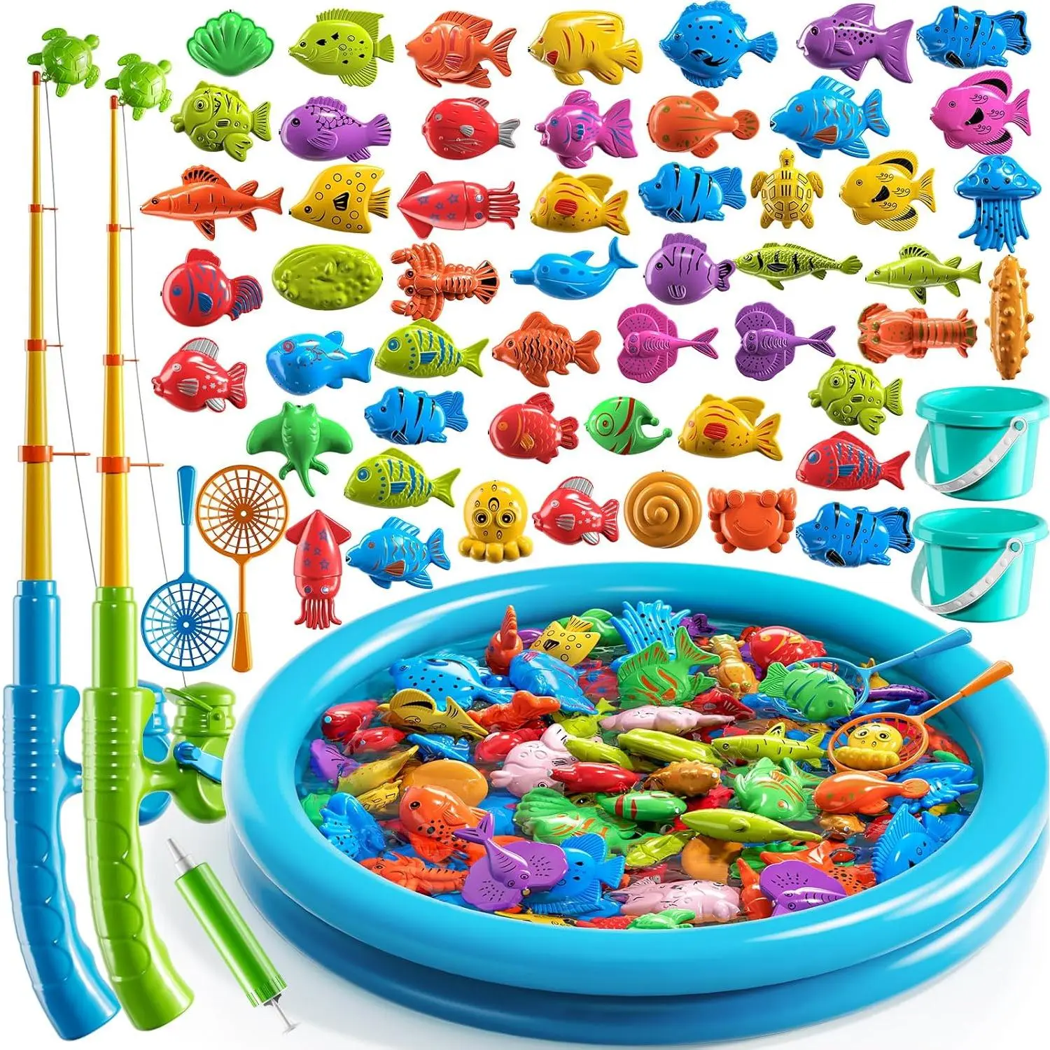 Magnet Fishing Game for Kids 3-5 Years - Floating Fish Toys with Inflatable Pool, Bath Toy for Toddlers, Includes Pole Rod Net - Outdoor Party Fun for Boys Girls Ages 3-8
