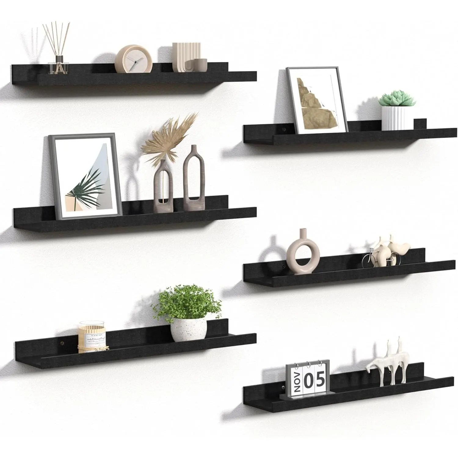 Set of 6 Floating Shelves for Wall 23.6 Inch Black Long Picture Ledge Wood Wall Mounted Shelves for Bedroom Living Room Bathroom Kitchen Decor Storage