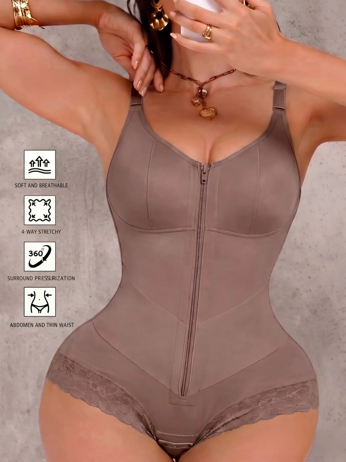 1 Count Women's Butt Lifting & Tummy Control Jumpsuit, Abdominal Control Bodysuit, Colombian Shapewear, Fajas, V-Design Belly Smoothing Body Shaperwear, Zip Front Entry Body Shaper, Lace Shapewear Bodysuit, Comfortable Bodysuit