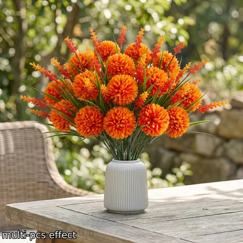 16 vibrant orange faux chrysanthemum bouquets, with realistic artificial pom-poms, perfect for fall Thanksgiving centerpieces and patio/garden vase decorations, Artificial Floral Arrangements