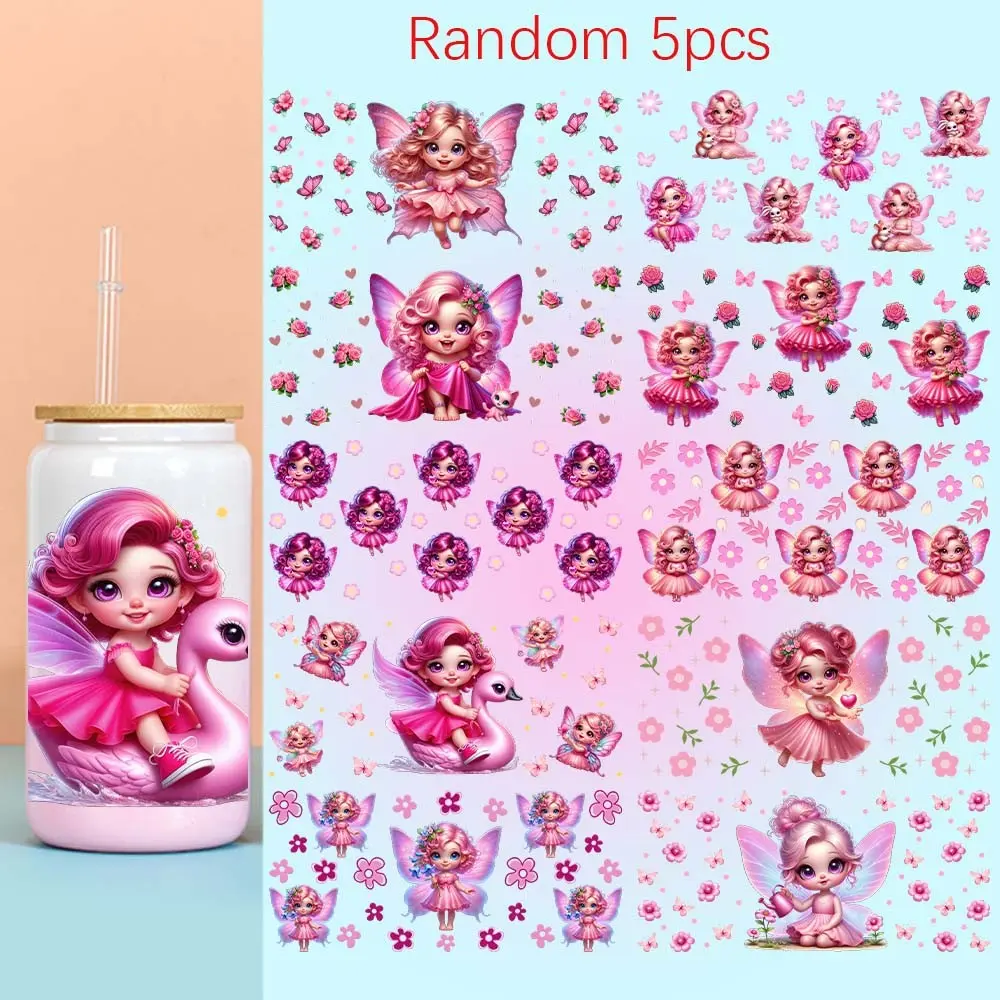 5pcs Fairy UV DTF Transfer Stickers, Cute Flower Fairy Swan Pattern, Waterproof Glass Cup Decor, Party Gift, DIY Festival Decoration