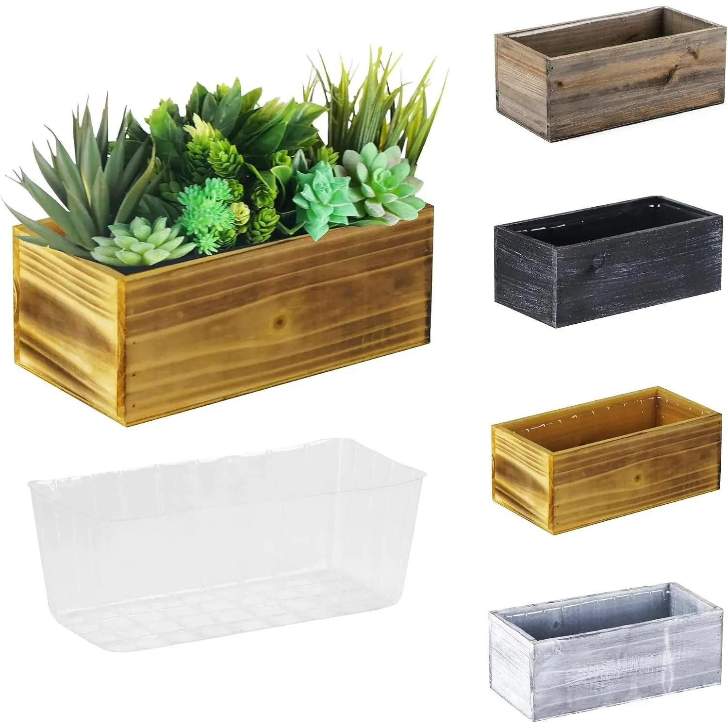Small Light Brown Rectangle Paulownia Wood Planter Box with Removable Plastic Liner - 4" Height, 10"x5" Open Top, Modern Rustic Indoor Use for Flowers, Succulents