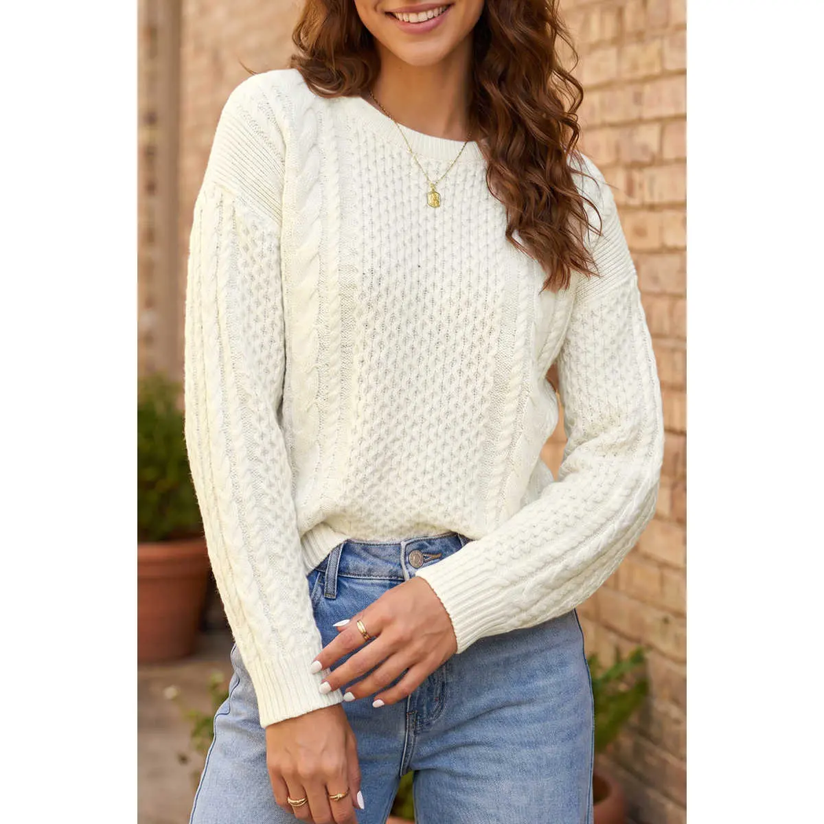 Beige Solid Color Cable Detail Knit Loose Round Neck Sweater