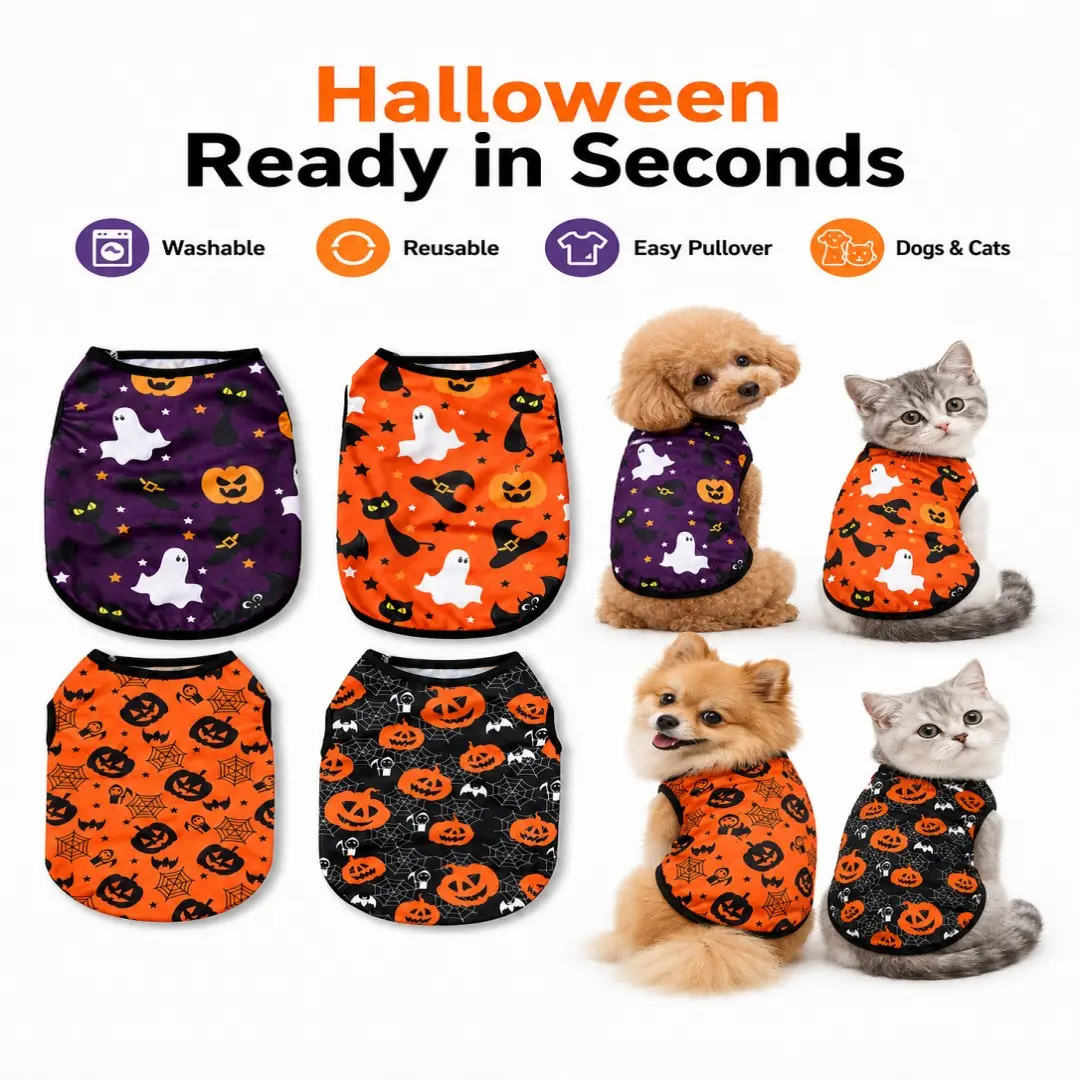 4-Piece Halloween Pet Costume Vest, Cute Pumpkin Ghost Hoodie for Small Dogs and Cats, Party Wear, Daily Dress, Pet Accessories