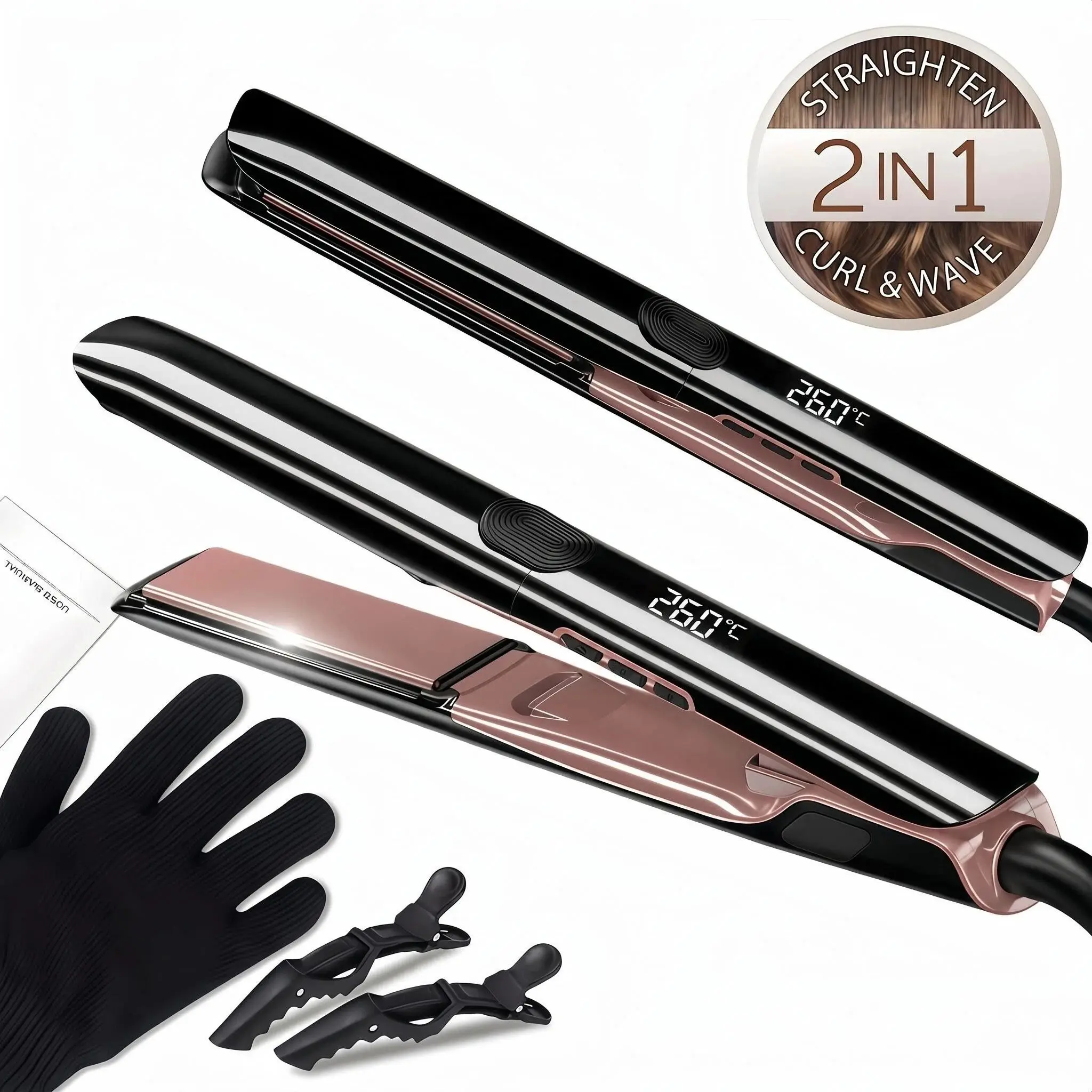 1PC 2-in-one titanium hair straightener and curling iron, multifunctional styling, improves frizzy hair, fast PTC heating suitable for all hair types, efficient styling, 260℃ LCD display heating plates, comes with one anti-scald glove and two hair clips