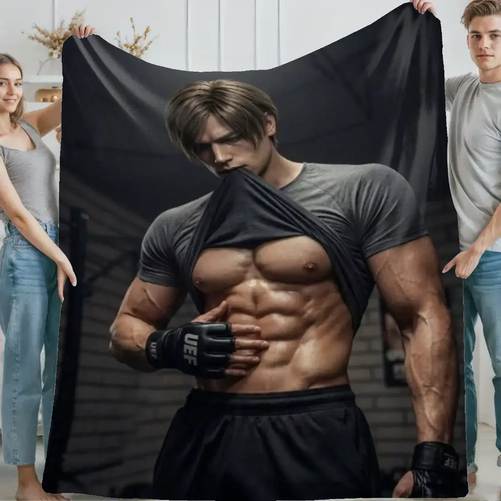 Resident Evil Leon Kennedy Gym Muscle Portrait Flannel Cooling Blanket, Game Hero Fitness Graphic Cooling Throw Blankets, Soft Decor Blanket for Bedroom Sofa, All Season Gamer Fan Birthday Holiday Gift