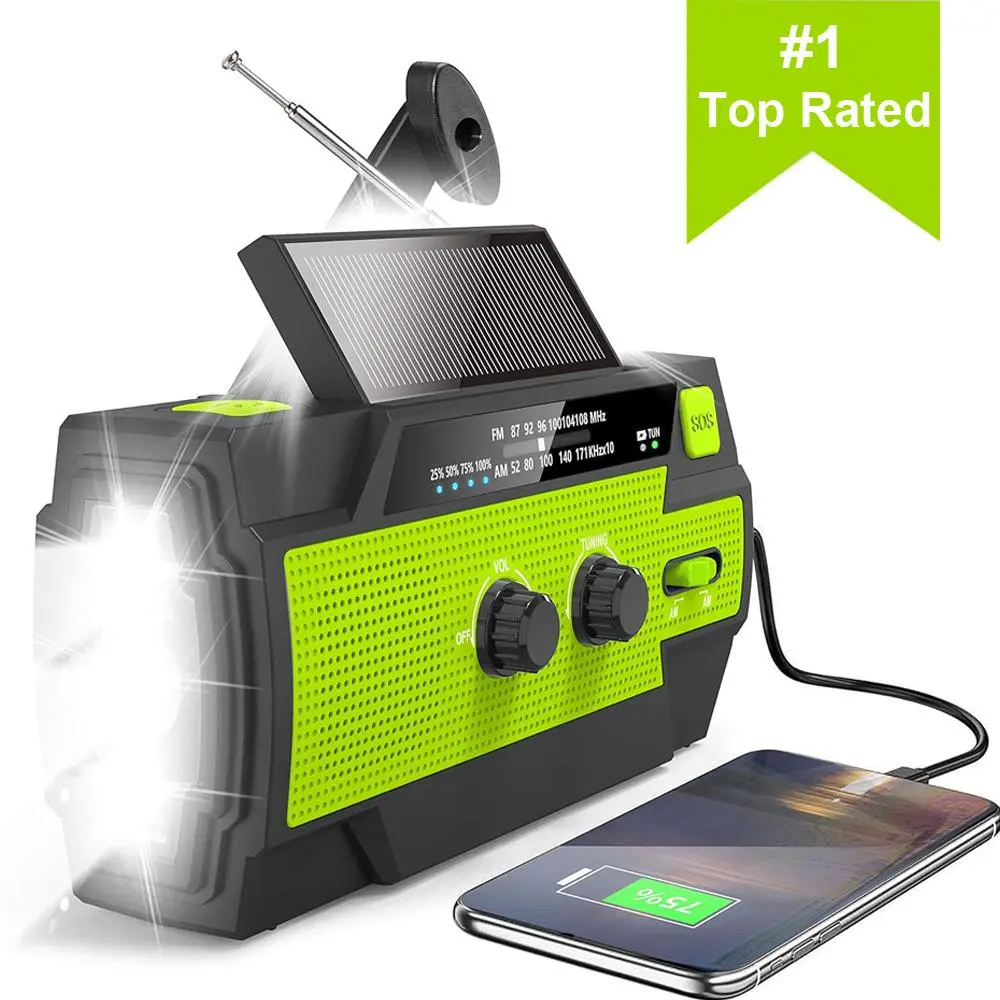 Multifunctional 4000mAh Emergency Crank Radio, Solar Powered Hand Crank Radio with Flashlight & Motion-sensor, Portable Rechargeable AM/FM Weather Radio for Home and Outdoor, Hand Crank Radio Original, Charging, Audio, Handheld Radio