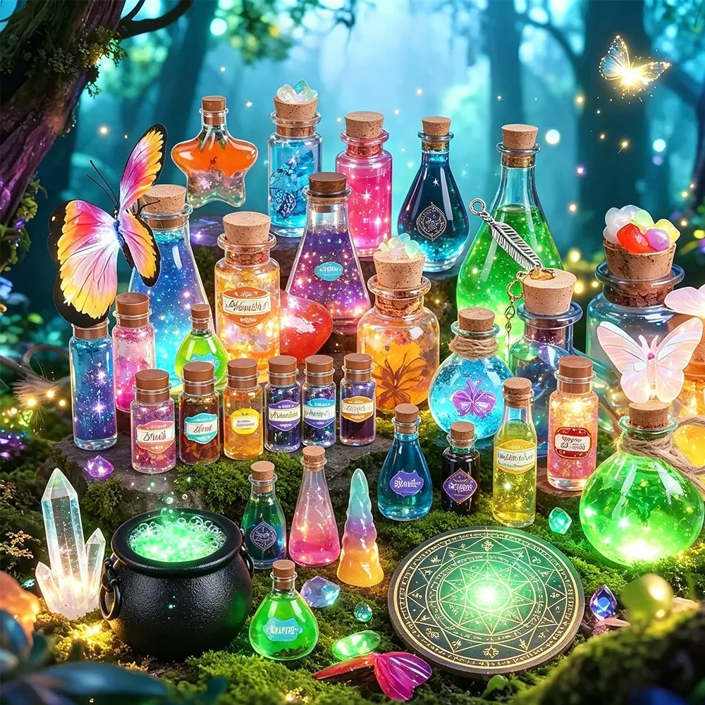 Magic Forest Witch Dark Theme Magical Potion Bottle DIY Craft Kit, Multi-Shape Wooden Stopper Glass Bottles, Glitter Stone Witch Cauldron Set, Homemade Gift Art Craft Kit
