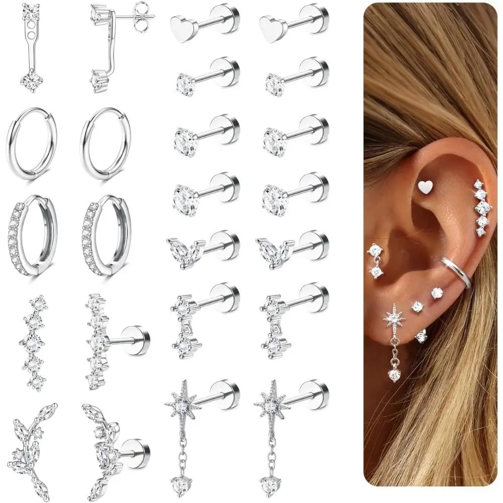 12-Pairs Hypoallergenic Flat Back Earrings-Cartilage Earrings Shiny Cubic Zirconia Ear Stud 304L Stainless Steel Earrings - Small Stainless Steel Flatback Stud Hoop Earrings Sets for Helix Tragus Conch Daith Body Piercing Jewelry