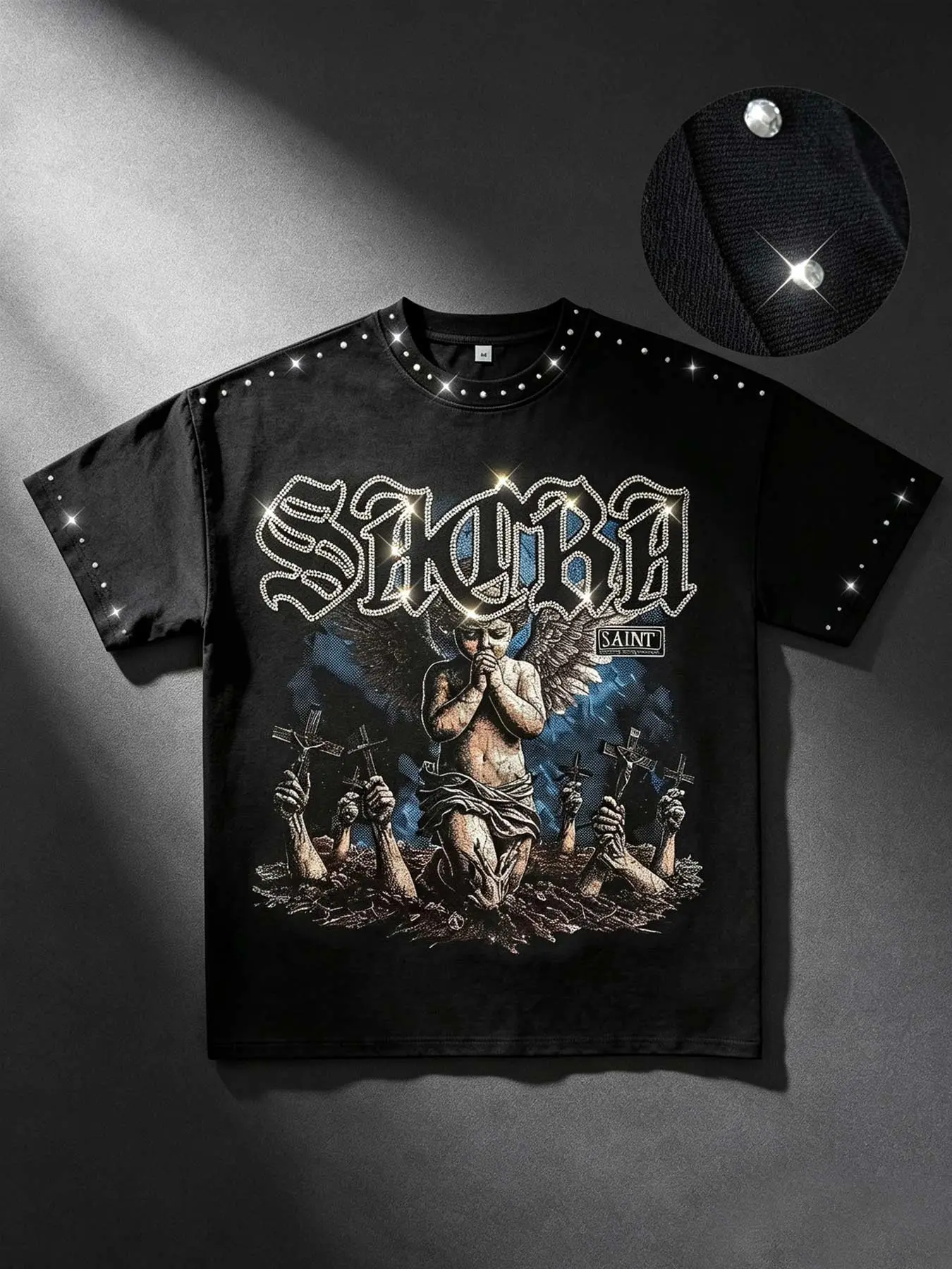Rhinestone saint praying angel cross cotton men's T-shirt short-sleeved saint print dark retro style loose version street fashion summer clothes unisex shirt rock Y2K style nightclub party, Streetwear Menswear Casual