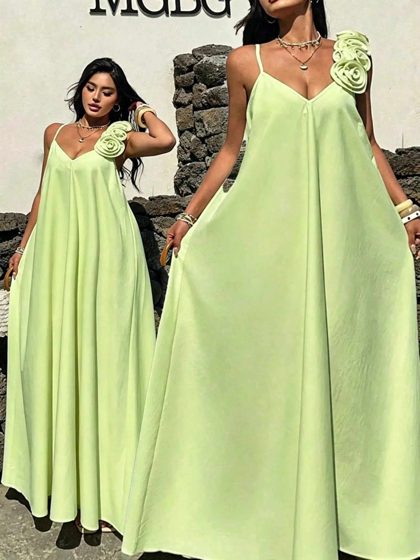 Pastel Light Green Floral 3D Rose Slip Maxi Dress, Flowy Lightweight Sleeveless Long Gown, Summer Boho Bohemian Vacation Outfit, Elegant Beach Garden Wedding Guest Dress