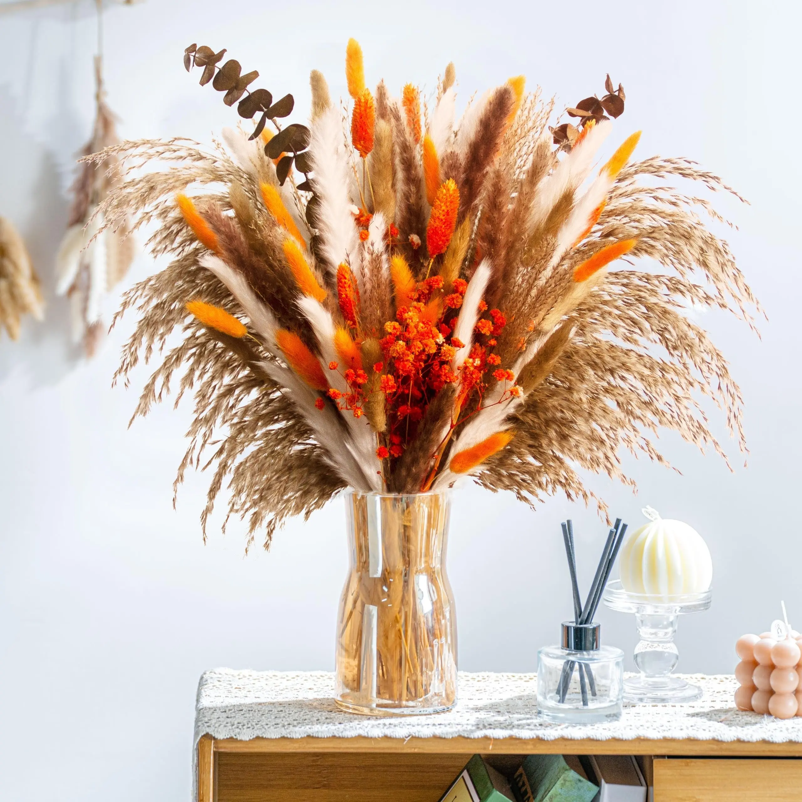 80pcs Dried Pampas Grass Decor Bundle with Rabbit Tail Grass & Eucalyptus - Vibrant Orange-Red Feathery Reed Stems for Bridal Bouquets, Home Decor, Christmas & Thanksgiving Arrangements