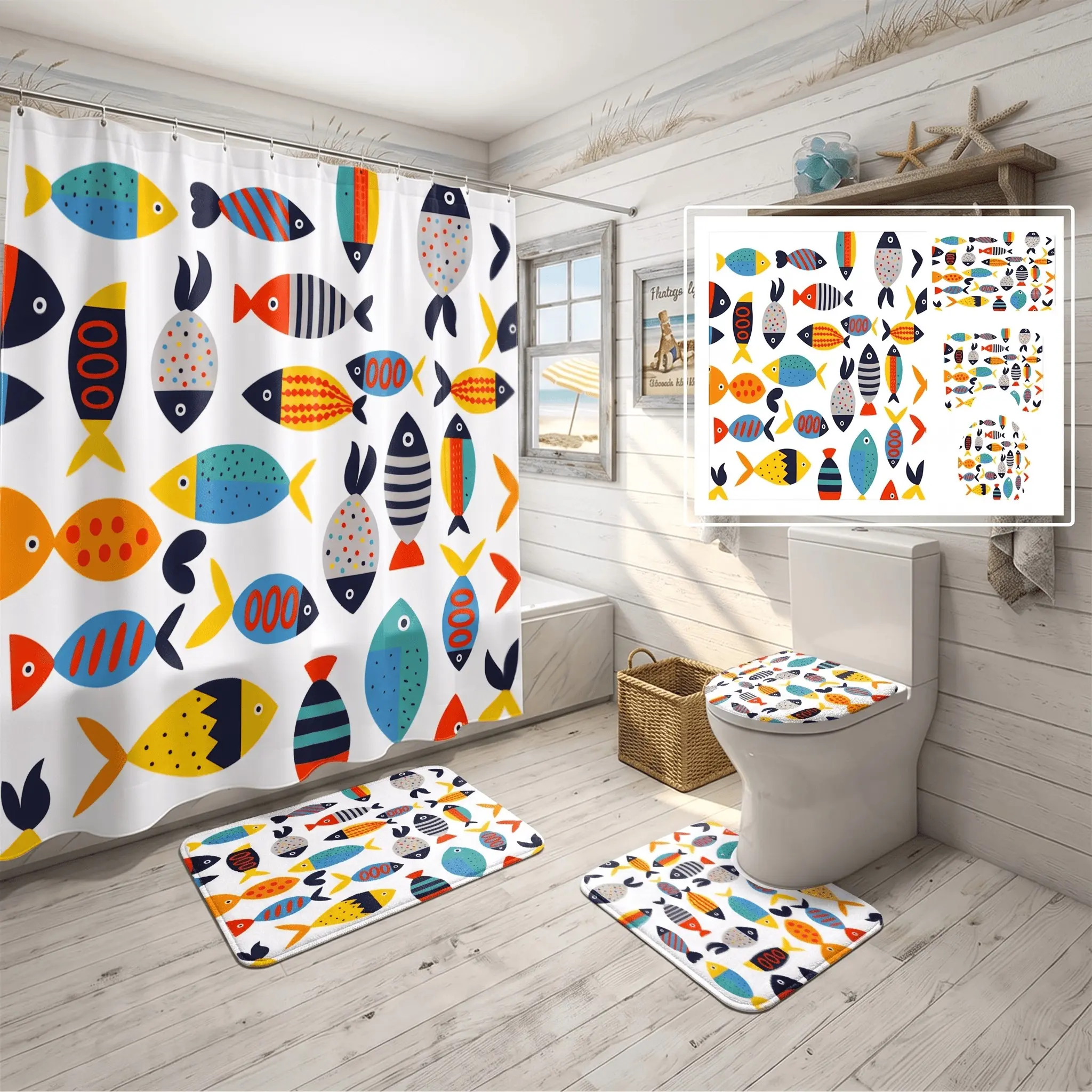 4pcs Colorful Tropical Fish Shower Curtain Set, Vibrant Ocean Animal Bathroom Decor, Non-Slip Bath Mat,The floor mat fabric is thicker and softer!  Toilet Lid Cover, Perfect Gift