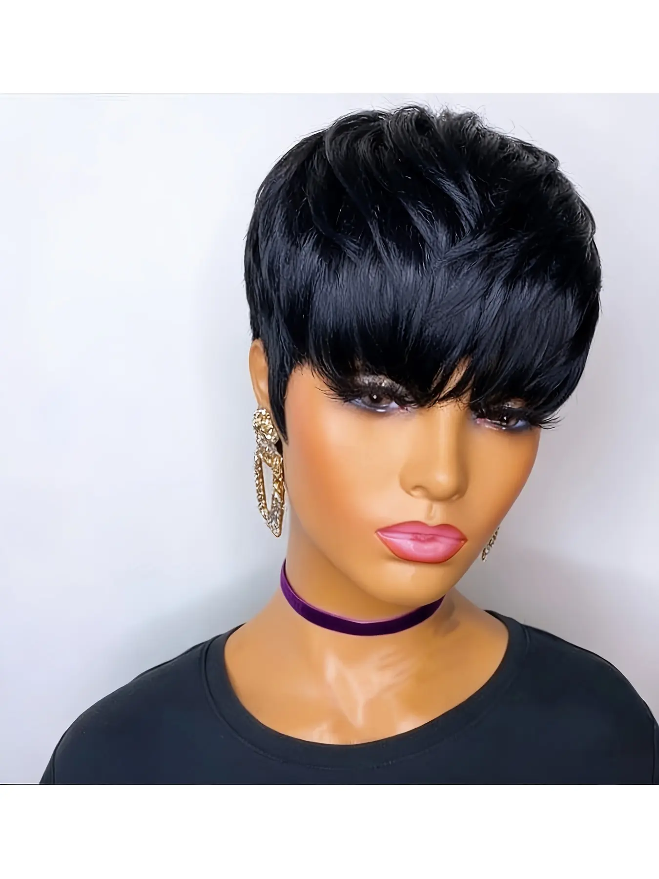 Elf Short Hair Wig Real Human Hair, 6 Inch Bob Straight Layered Women's Wig, Laceless Full Mechanism Glue-Free Wig with Bangs, Natural