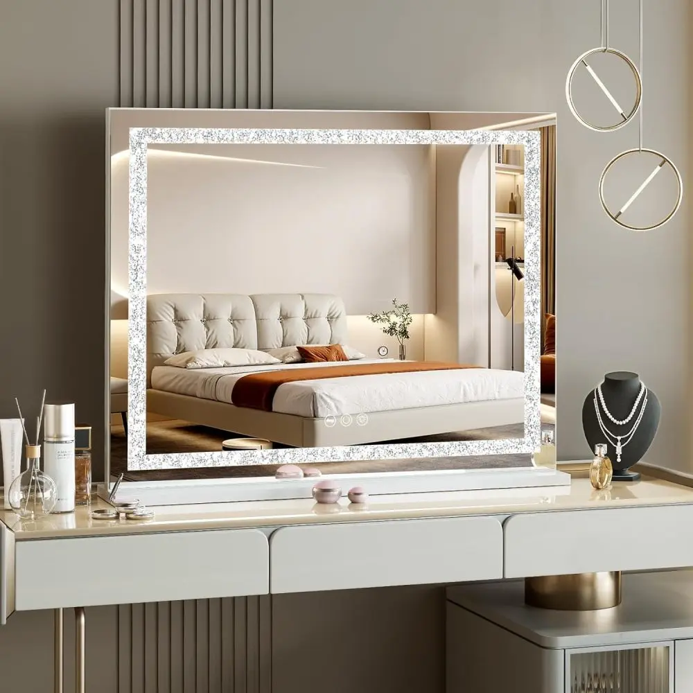 31.5" x 22.8" Vanity Mirror with Lights, Hollywood Makeup Mirror with Crystal LED Light Strip, Smart Touch Control, 3 Color Dimmable Lighting, 10X Magnifying Mirror, Large Dressing Mirror for Bedroom, Bathroom, Beauty Room, White