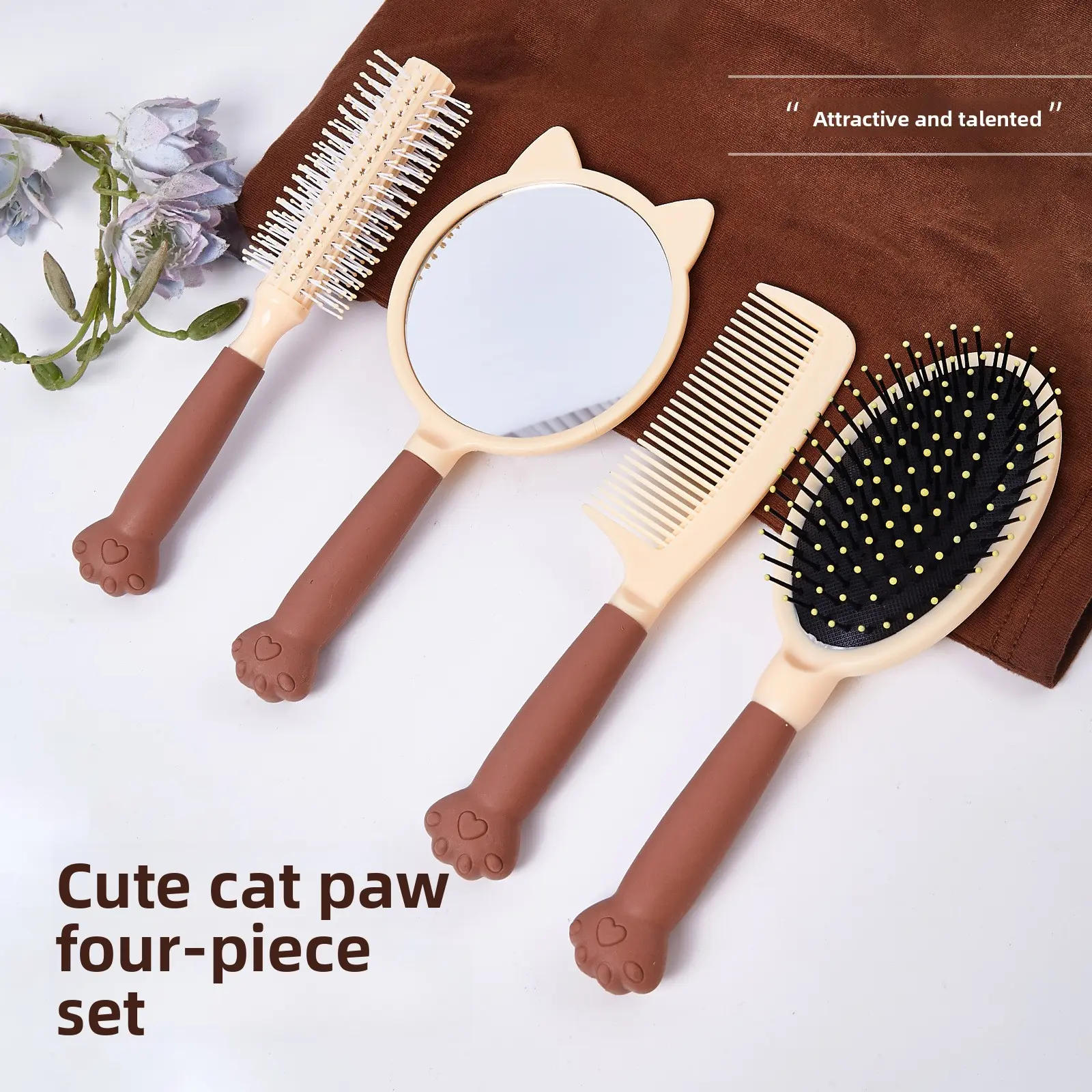 Cat Paw Four-Piece Set Comb Cartoon Cute Cat Mirror Cushion Hair Massage Comb Airbag Adorable Girl Comb
