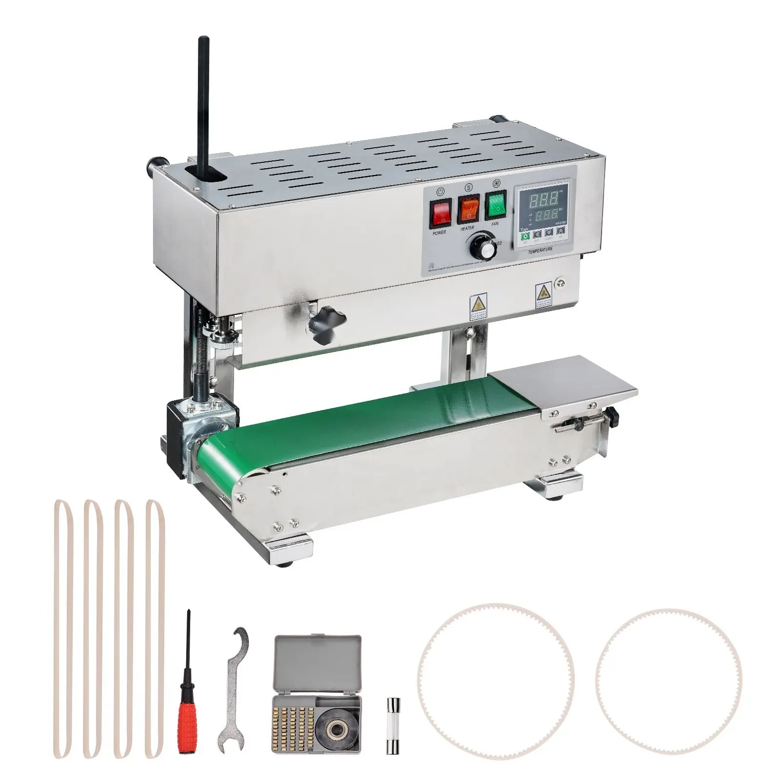Industrial Grade Continuous Bag Sealing Machine With Vertical Band Sealer Stainless Steel Construction For Precise Heat Sealing Of Poly Bags Plastic Bags Film And Packaging Applications In Food And Manufacturing Environments