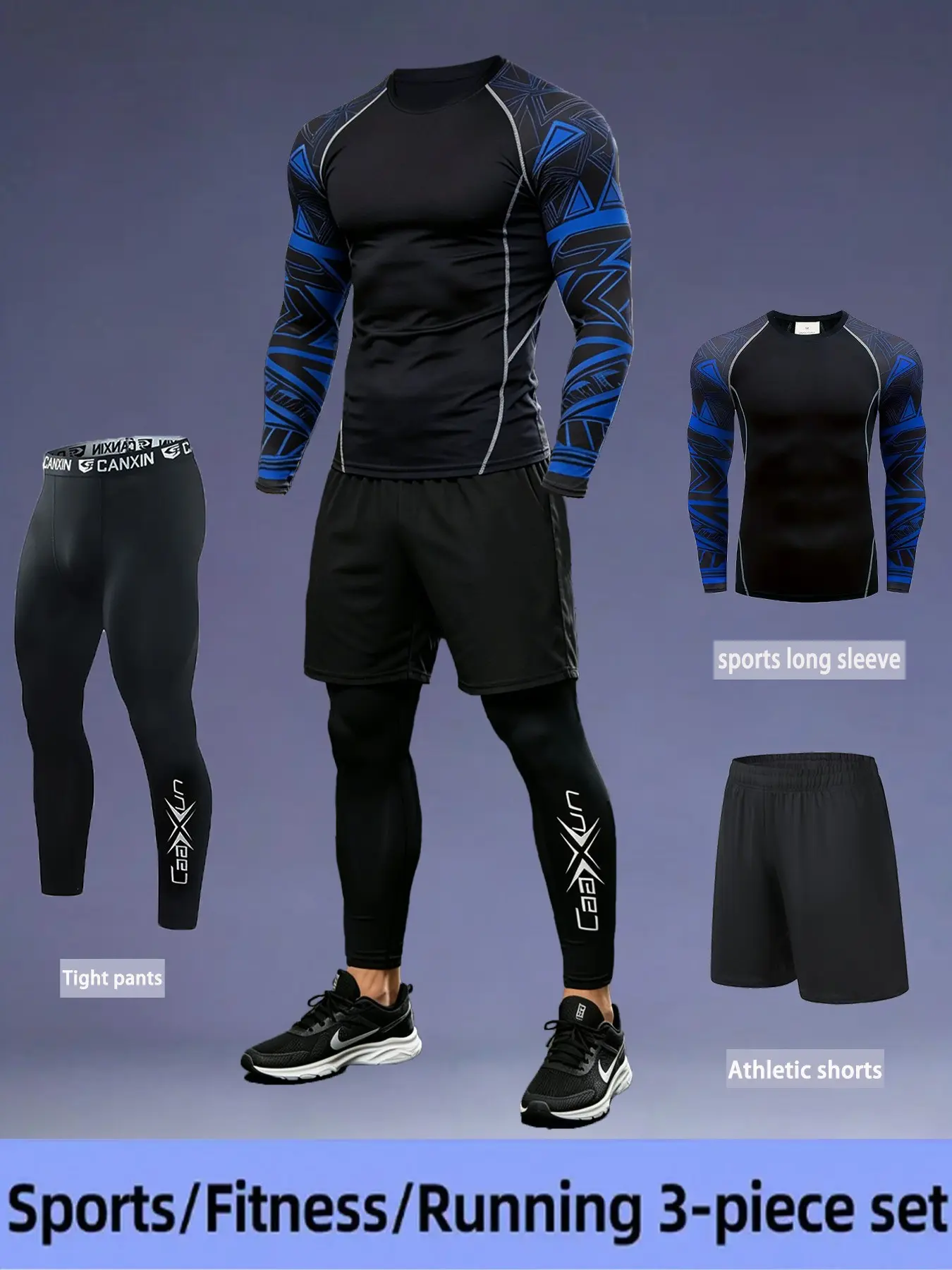 Men's 3-Piece Sports Set, Compression Long Sleeve + Pants + Drawstring Shorts, Elastic Quick-Dry, Ideal for Running, Gym, Basketball, Training
