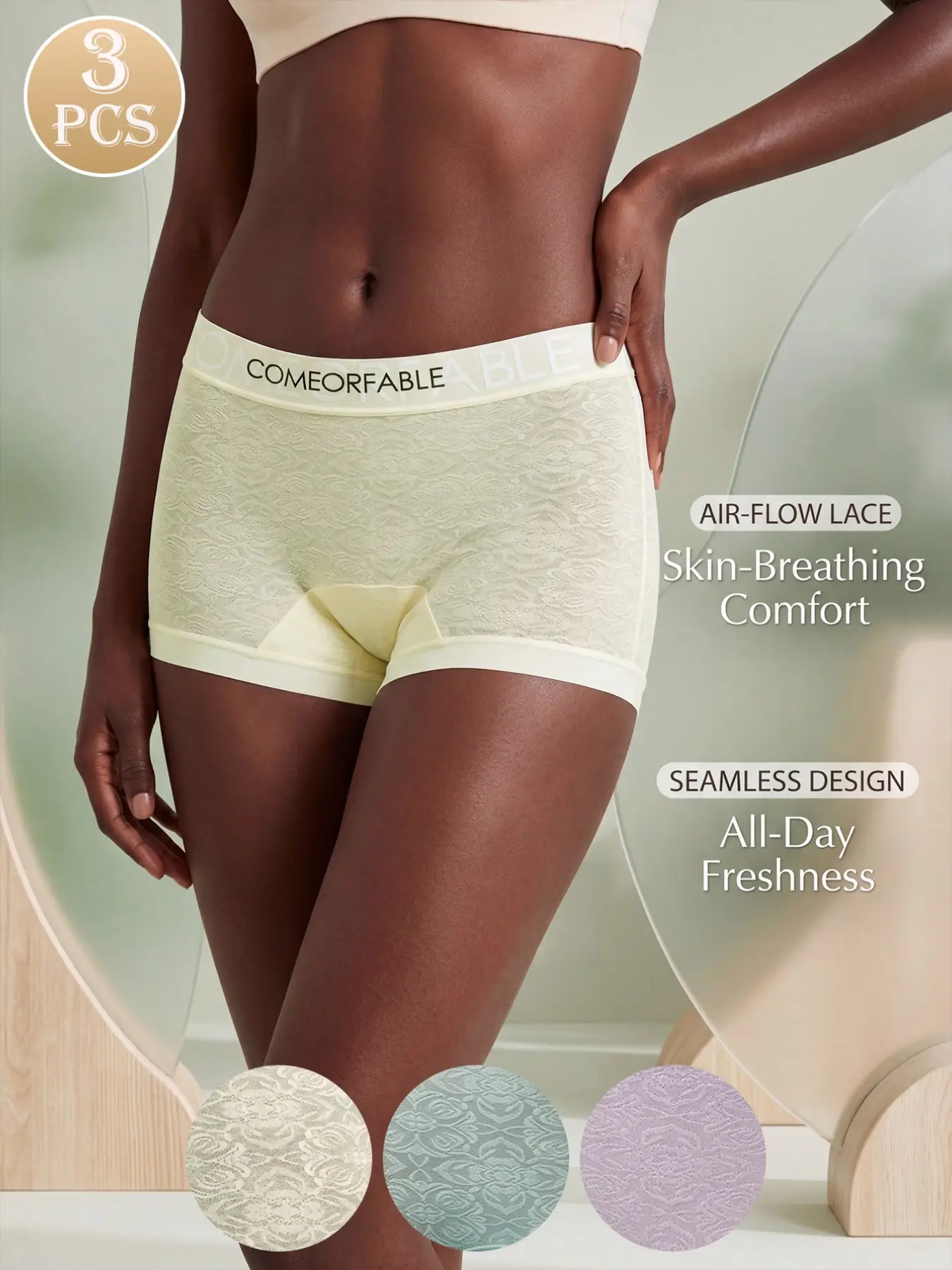 3-Piece Women's Boxer Briefs with Breathable Floral Lace Surface and Letter Print Elastic Waistband, Soft High-Stretch Fabric, Low-Saturation Macaron Colors for All Seasons Comfortable Fit and Elegant Daily Wear