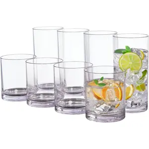 Acrylic Classic Clear Plastic Reusable Drinking Glasses (Set of 8) 12oz Rocks & 16oz Water Cups |   BPA-Free Tumblers, Made in USA |   Top-Rack Dishwasher Safe