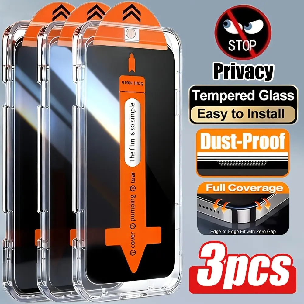 3-Pack Anti-Spy Tempered Glass Protector Film for iPhone 17/16/15/14/13/12/11 Pro Max, Full Screen Privacy Protection, Dust-Proof & Fingerprint Resistant