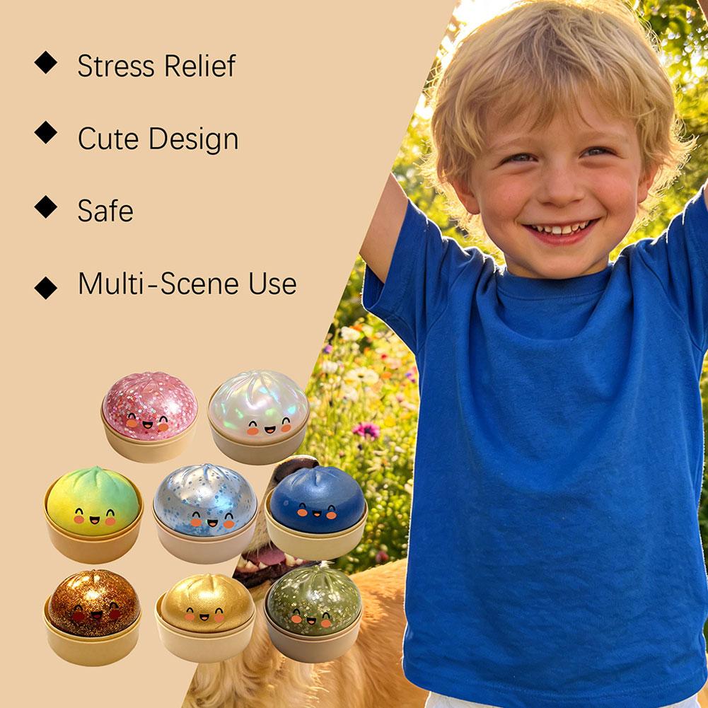 Kawaii Dumpling Stress Ball Toy with Smile Face Unique Steamer Base Squeezable Dough Ball Birthday Gift for Girl Boy Adult