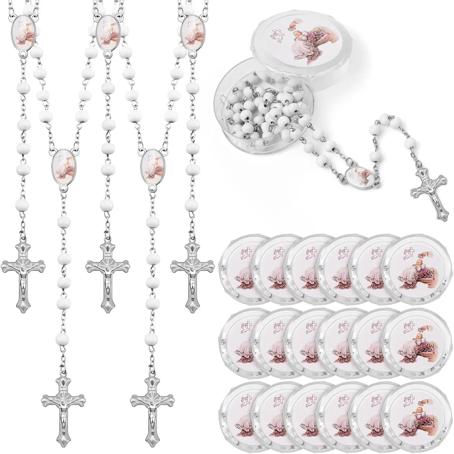 24 count Scented  Rosary Beads  Baptism Party Favors Rosary Necklace for Women Men Angel  First Communion Gifts with Case for Mother Elder Gifts (White)