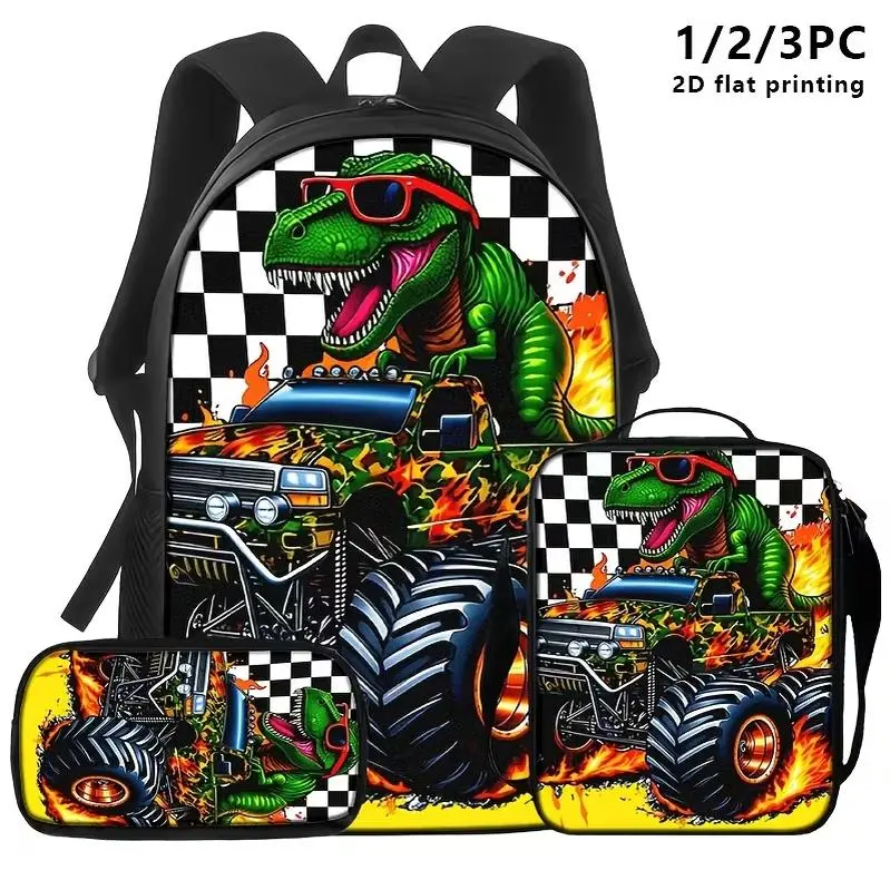 3-Piece T-Rex Monster Truck Backpack Set for Kids, Dinosaur Racing School Bookbag with Matching Lunch Bag and Pencil Case, Adjustable Straps, Checkered Flame Graphic Travel Daypack, School Book Bag for Classes, Travel, Clubs, Day Trips and Activities