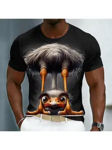 Men's Trendy Crew Neck Short-Sleeve T-Shirt with Creative Upside-Down Ostrich 3D Graphic Print