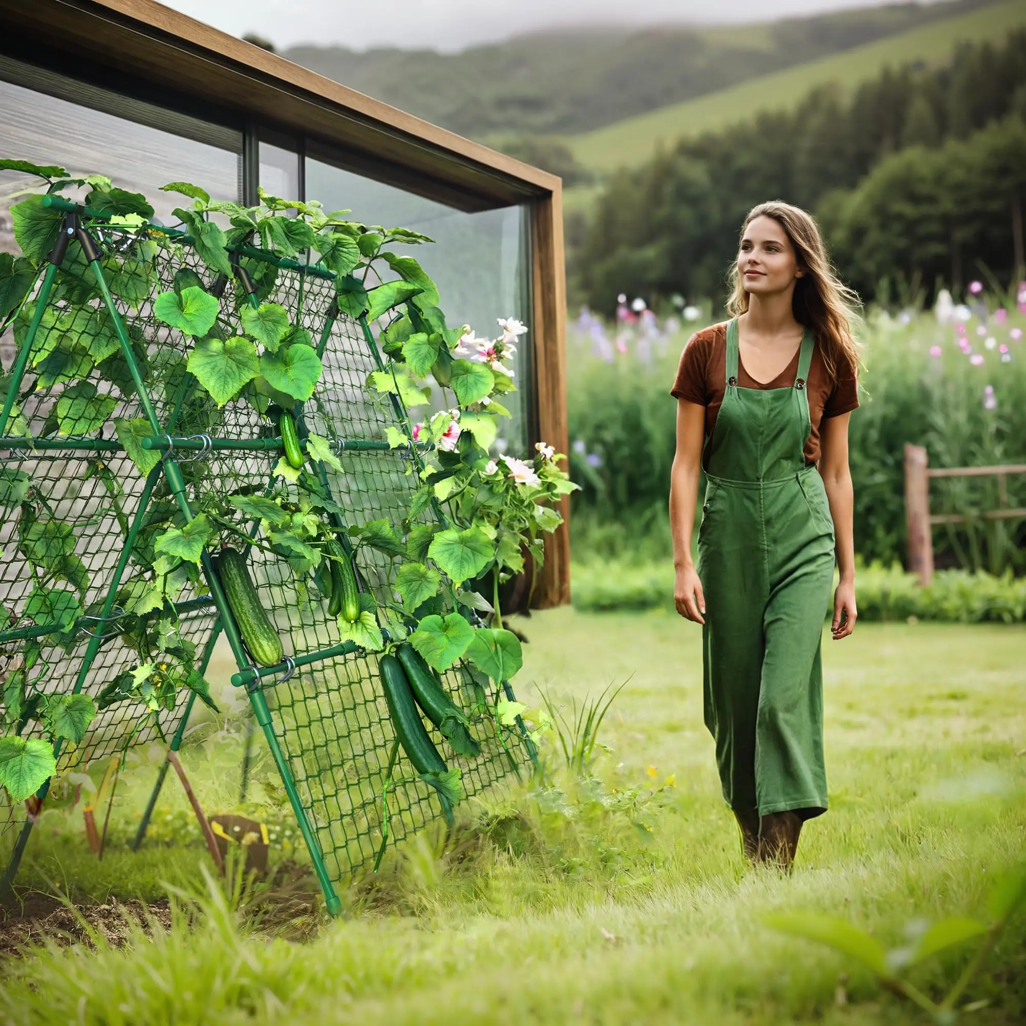 【GARVEE】Cucumber Trellis for Garden & Raised Bed – 47"x47" Outdoor Plant Trellis for Climbing Plants – Metal Support Trellis with Net for Vines & Flowers