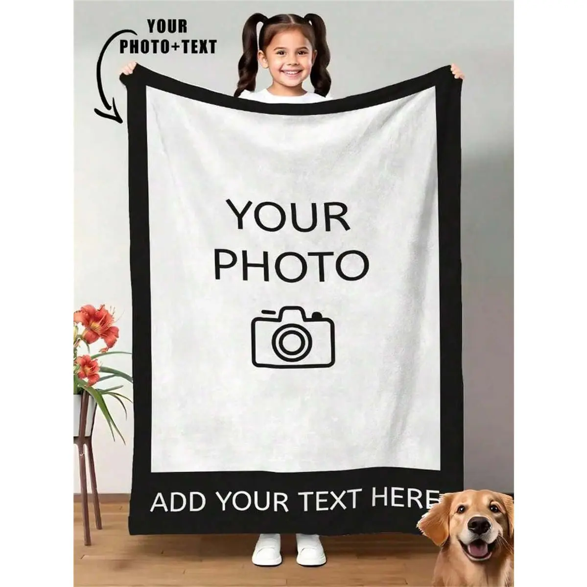 Custom Photo Flannel Throw Blanket, Minimal Black Frame Design Personalized Blanket with Single Photo Display & "ADD YOUR TEXT HERE" Custom Text Bar, Soft Cozy Warm Blanket Gift