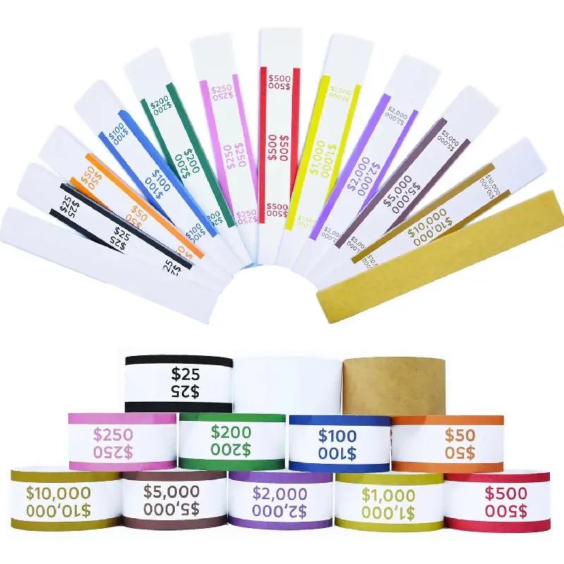 Money Bands Cash 600pcs Self-Adhesive Money Wrappers Bills Currency Straps in 12 ABA Standard Colors Ideal Banks