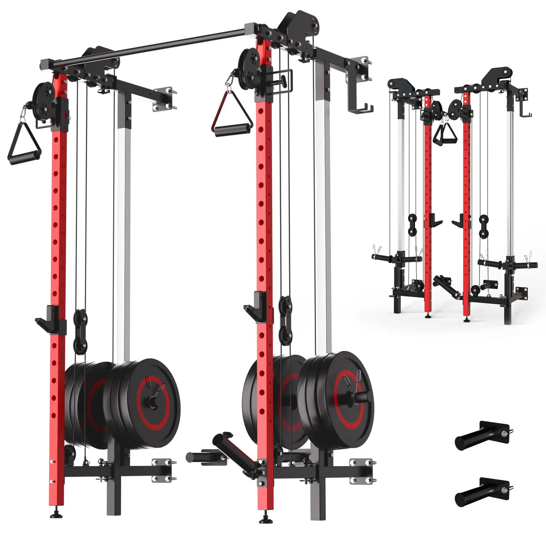 Folding Squat Rack, Wall Mounted Power Rack with Dual Pulley System & Pull Up Bar, Multi-Function Fitness Equipment, Space-Saving Power Cage for Home Gym, Garage, Apartment(2 Boxes)