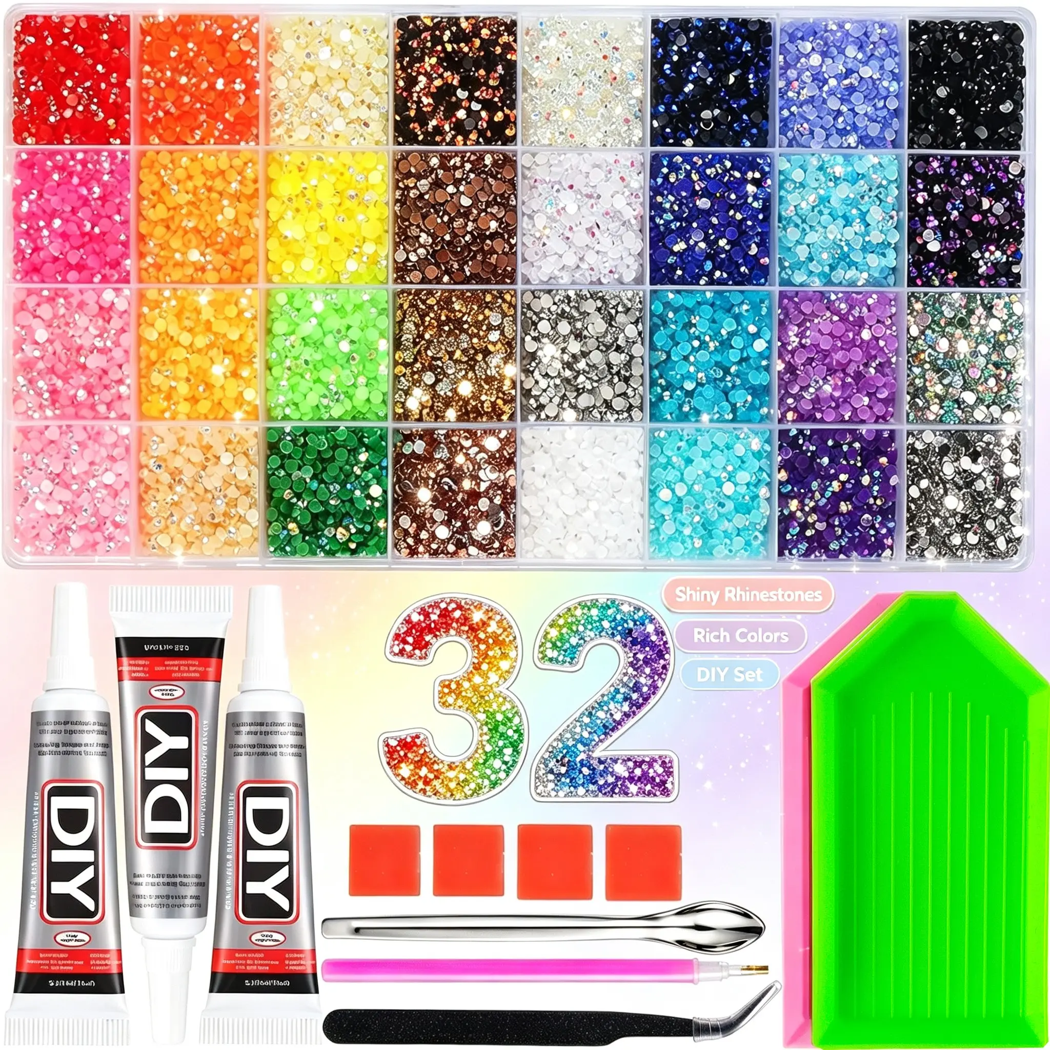 1Box 3/4/5mm Bling AB Color Jelly Crystal Nail Rhinestones Bedazzling Kit 32-Colors Mini Flatback Semi-circular Resin Nail Diamond Art for DIY Book Cover Gift Nails Decorations