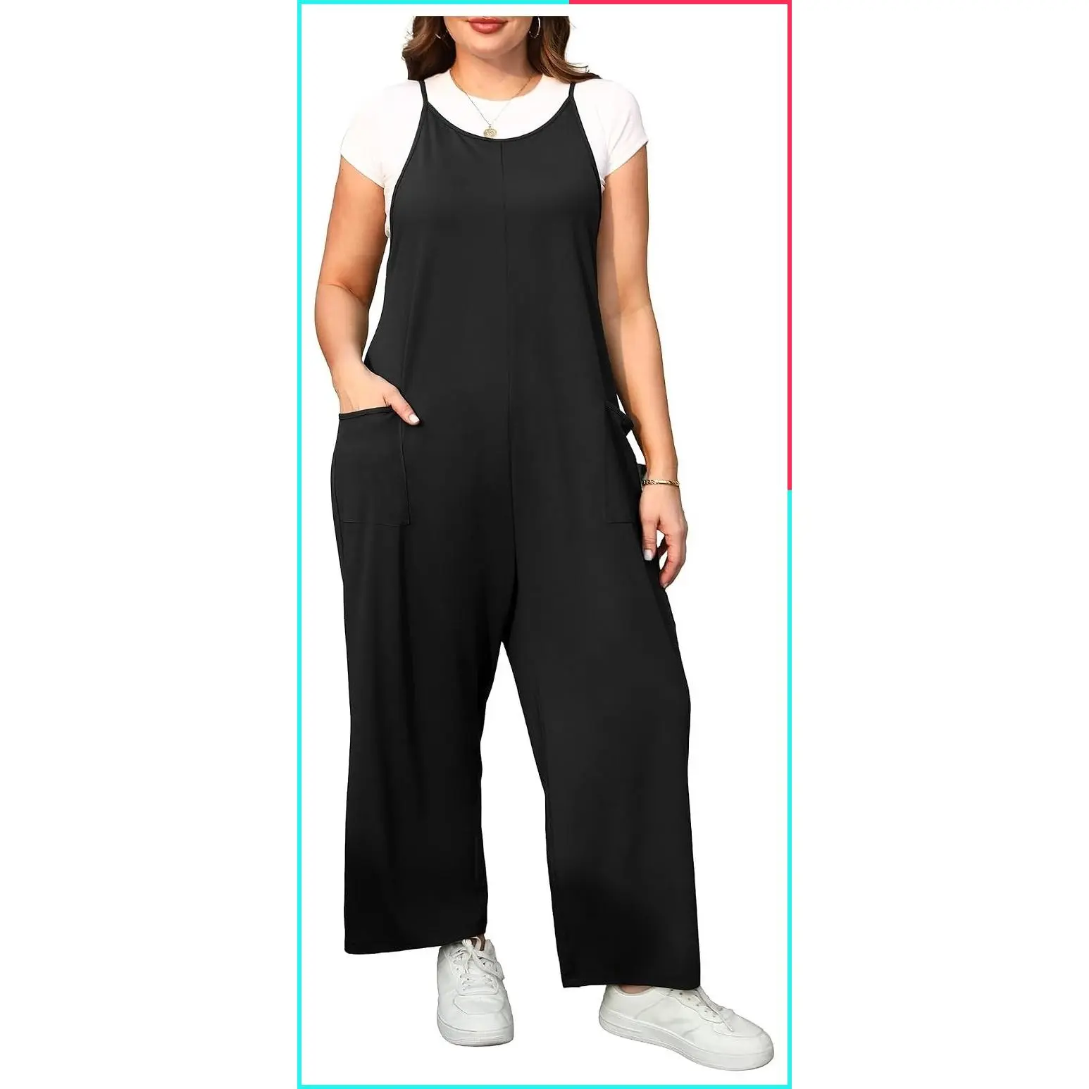 Plus Size Wide Leg Jumpsuits for Women - Stretchy Sleeveless Rompers with Pockets, Adjustable Straps, Maternity Casual Pregnancy Outfits for Spring Summer Fall
