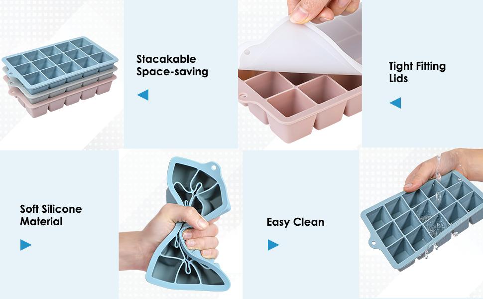Silicone Ice Cube Trays 3Packs, Easy Release Ice Cube Molds with Lid, Freezer Stackable Ice Maker for Whiskey, Baby Food, BPA Free (Blue+Grey+Pink)