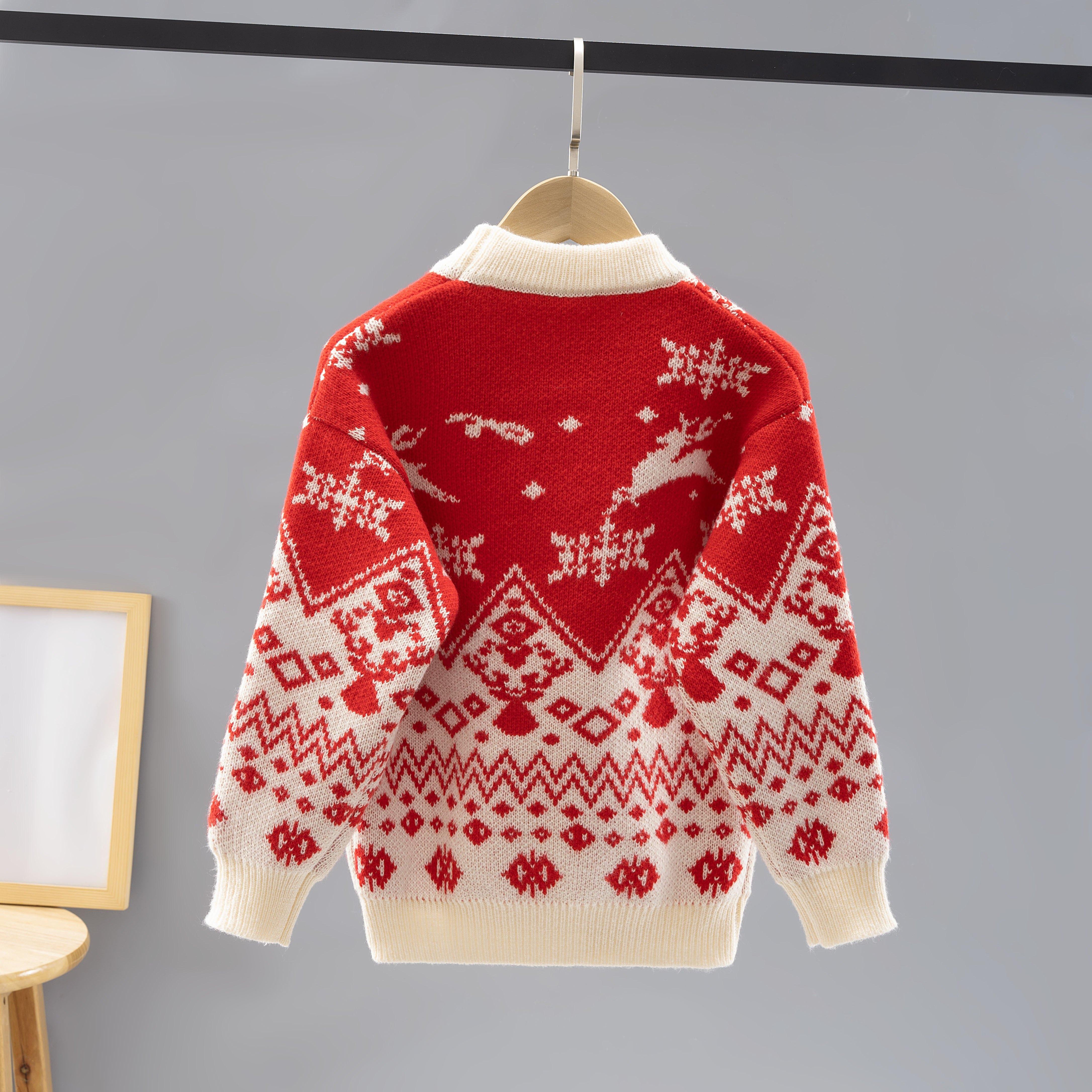 Christmas Girls' Sweater - Red & Snowflake & Reindeer Pattern, Soft Stretchy Knit Round Neck Pullover for Winter Parties, Holiday Outings, Machine Washable Festive Gift For Girls, Christmas Sweater, Party Outfit, Cozy Clothing, Durable Knitwear