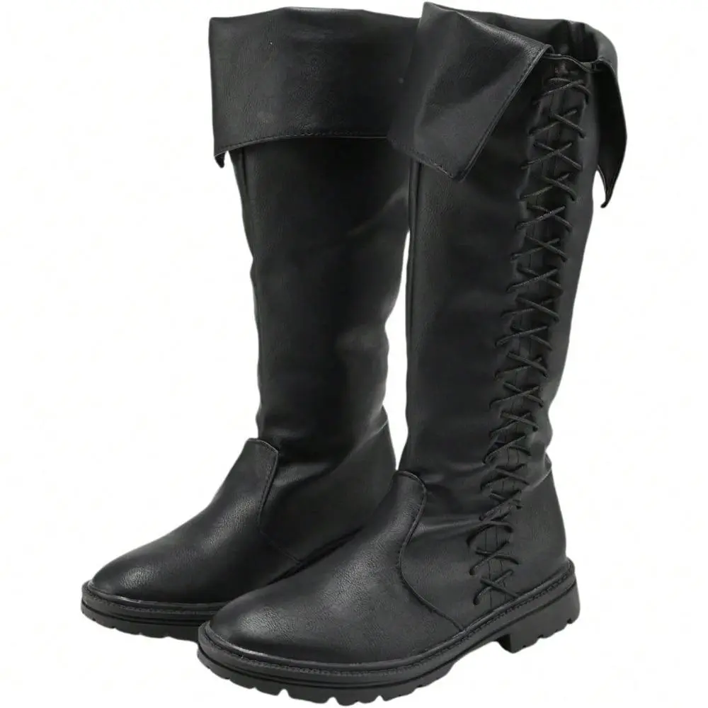 Men's Gothic Pirate Boots, Synthetic Leather Mid-Calf Medieval Shoe with Fold-Over Cuff for Renaissance Cosplay, Footwear, Round Toe, Casual Wear, Laces, Block Heel, Statement Shoes, Knee