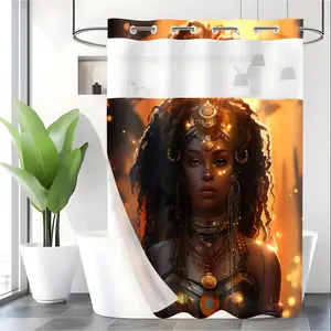 LVRLVR 1pc Golden Glow Royal Queen Melanin Woman Shower Curtain, Warm Amber Bokeh Background Dreadlock African Goddess Ornate Gold Jewelry Portrait Print, Sheer Top Window, Detachable Liner & Hook-Free Integrated C-Ring, 70.8" x 74"