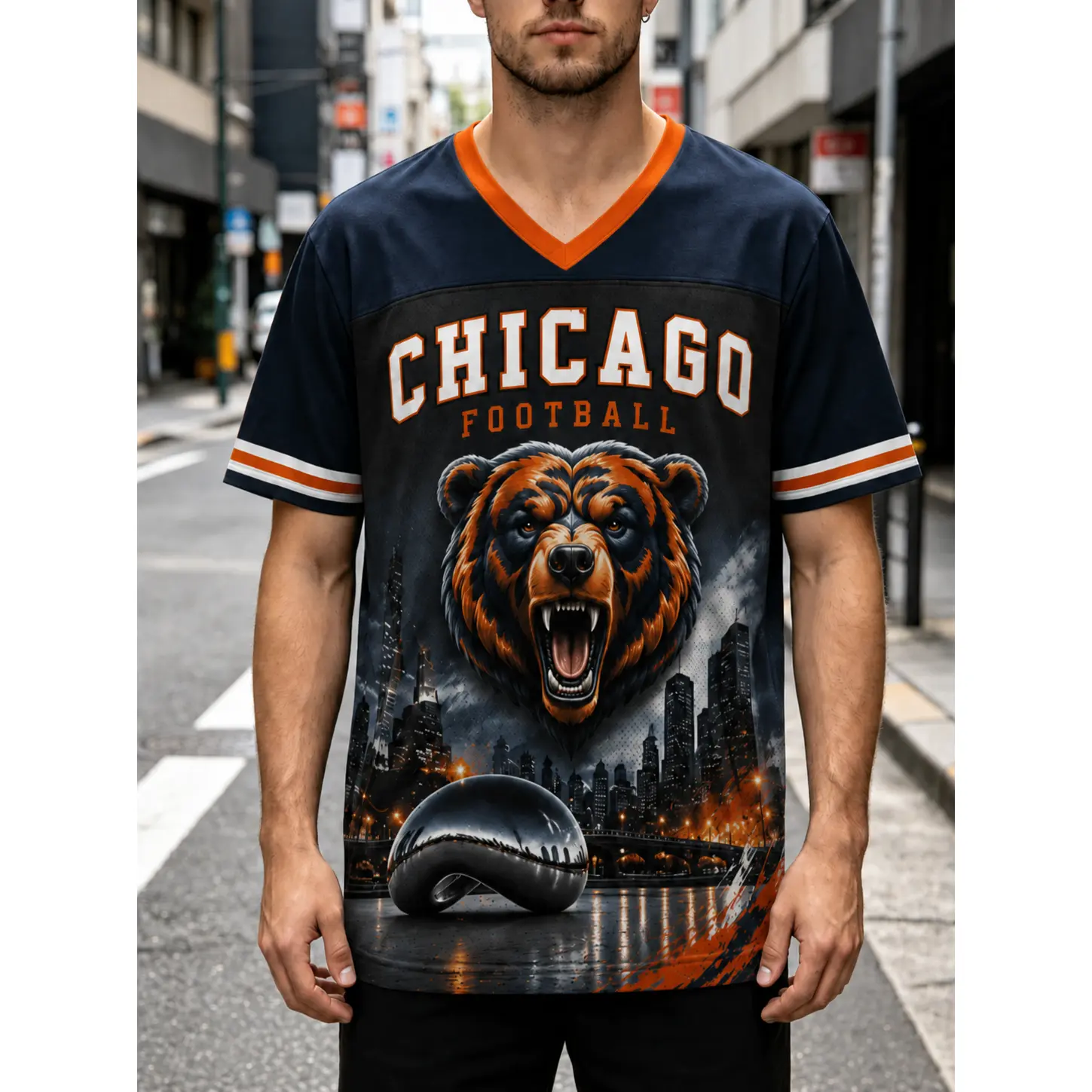 Unisex City Themed Football Graphic V‑Neck Jersey Shirts, Stylish All‑Over Print Short Sleeve Game Day Fan Tops, Casual Sporty Daily Outfits