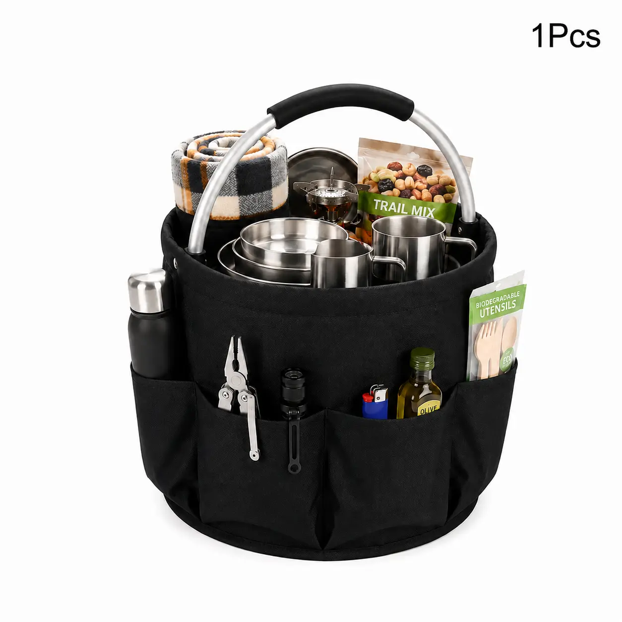 Foldable Storage Basket, 16L 600D Oxford Fabric Cleaning Caddy with 6 Pockets & Handle - Practical Carry Tote for Camping, Gardening, Basket With Handles, Carry Basket, Compact