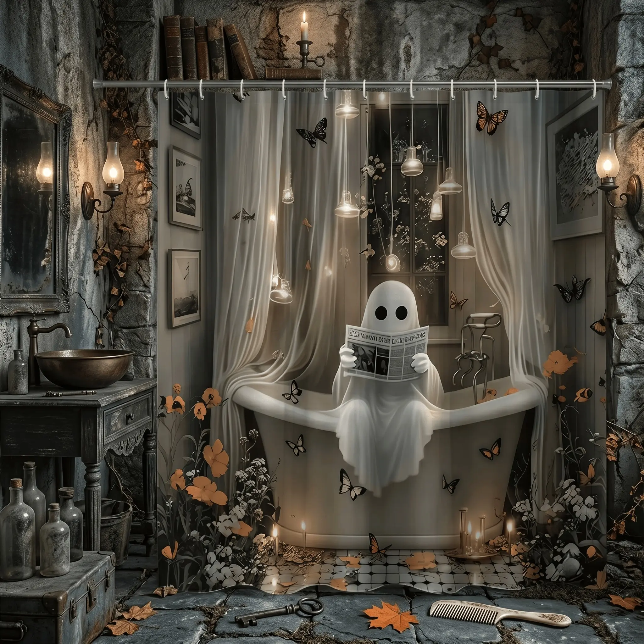 1pcs Cozy Ghost Decorative Shower Curtain with Butterflies, Modern Animal Pattern, Dark Cottagecore Halloween Theme, Unique Gothic Wall Art for Bathroom, Aesthetic Shower Curtain