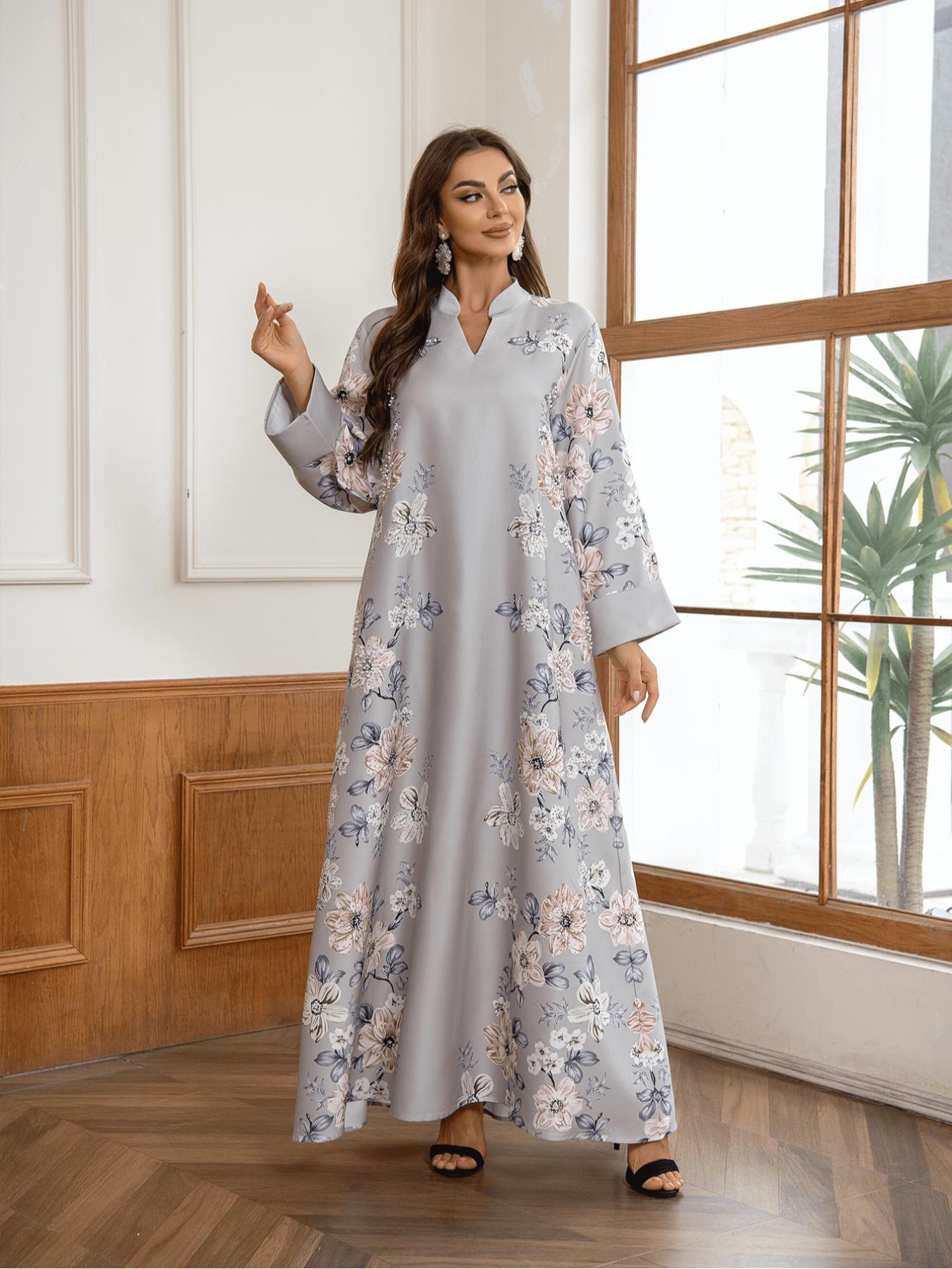 Women's Floral Print Long Sleeve Kaftan Dress, Elegant Fashion Casual Modest Style Dress for Daily Outdoor Wear, Women's Islamic Clothing for All Seasons, Classy Modest Dresses, Modestdresses
