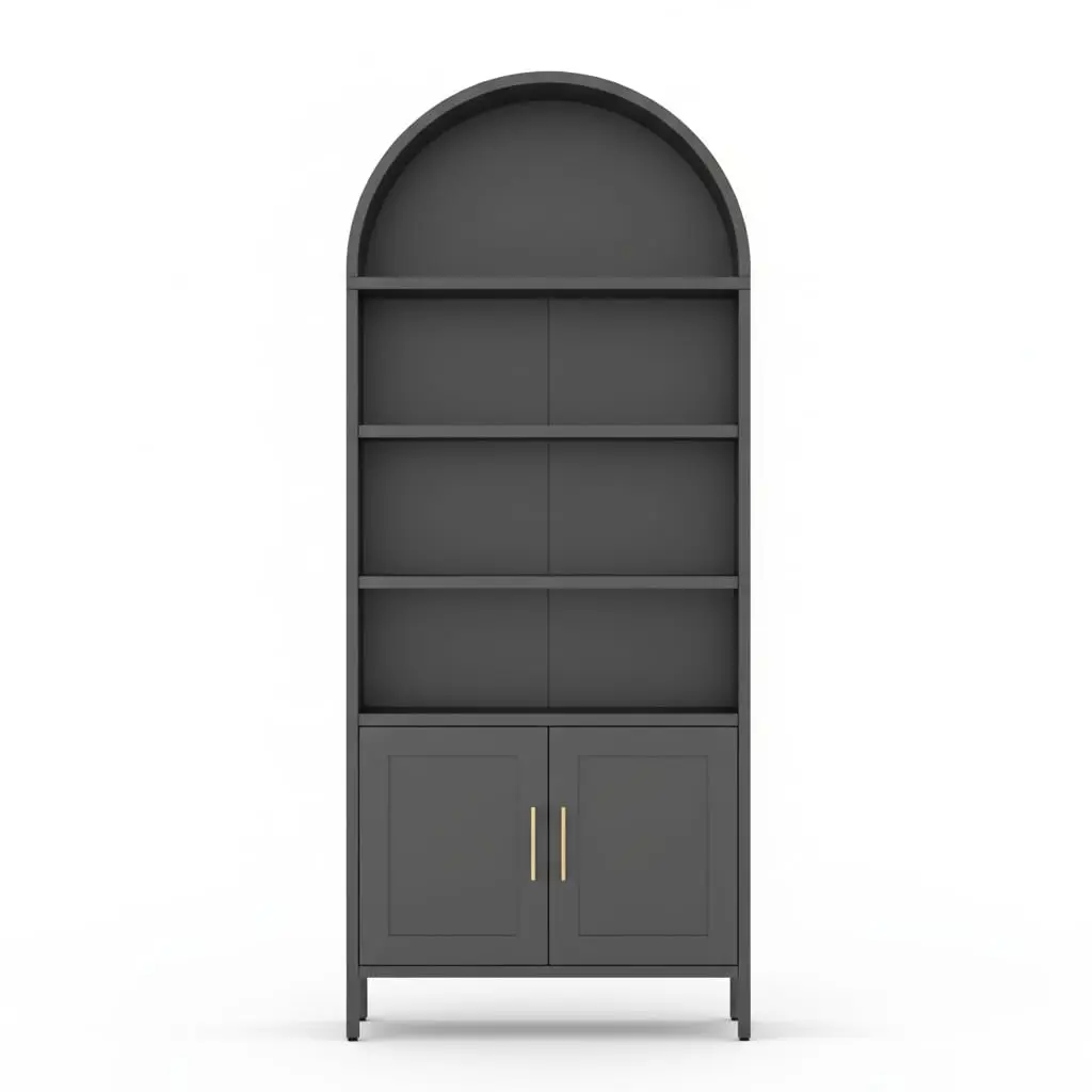 Modern Arched Metal Entryway Storage Cabinet – 5-Tier Adjustable Bookshelf – Durable 0.6mm Thick Cold Rolled Steel – Open Display Organizer for Living Room, Office, Kitchen, or Pantry