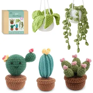 Crochet Kit for Beginners, Make 5  Potted Crochet , Amigurumi Kit with Video Tutorial, Yarn, Hook & Pots, Cozy    for Adults, Cute Desk & Office Decor