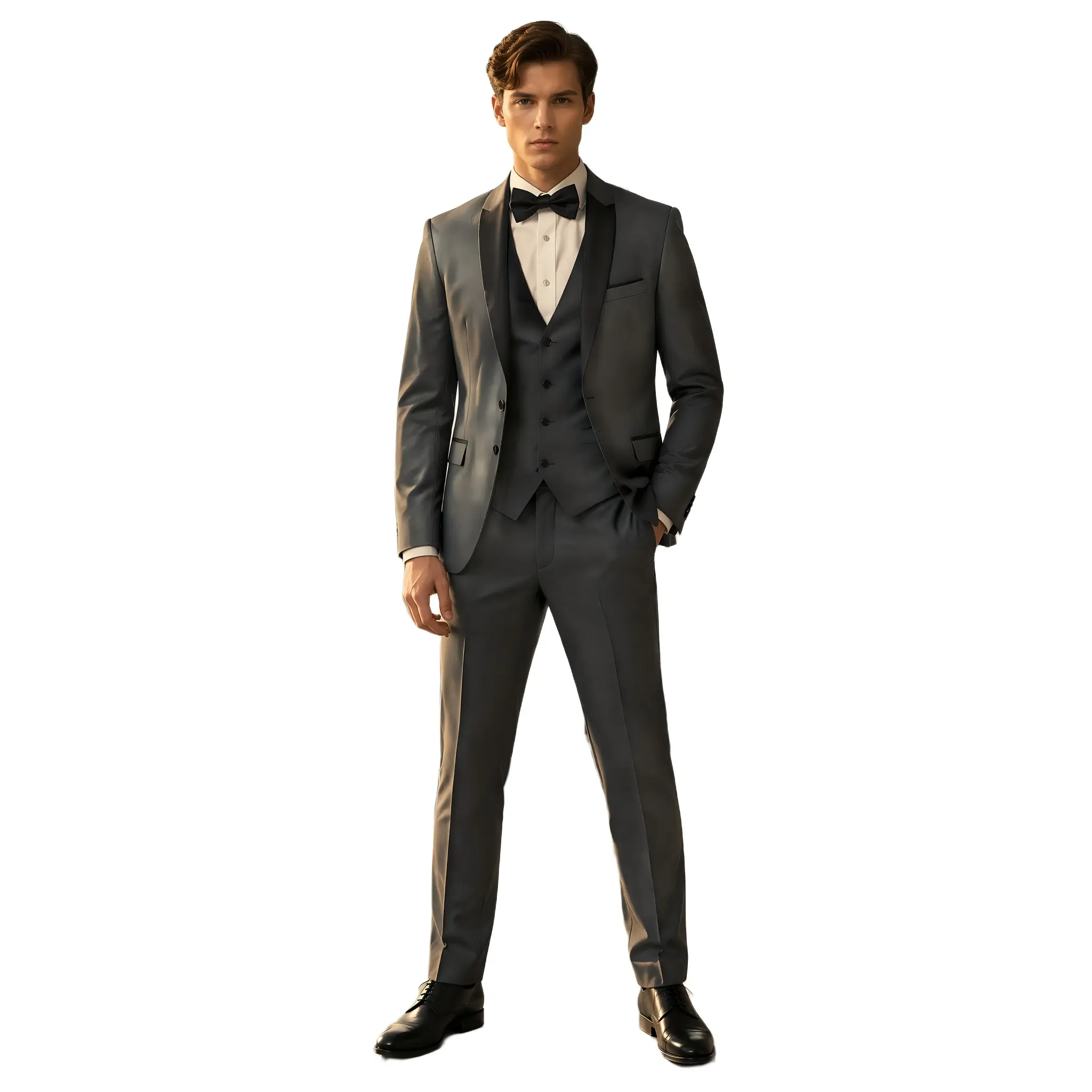 Men's Charcoal 3-Piece Satin Lapel Tuxedo Suit – Formal Blazer, Vest & Pants for Weddings & Gala Events