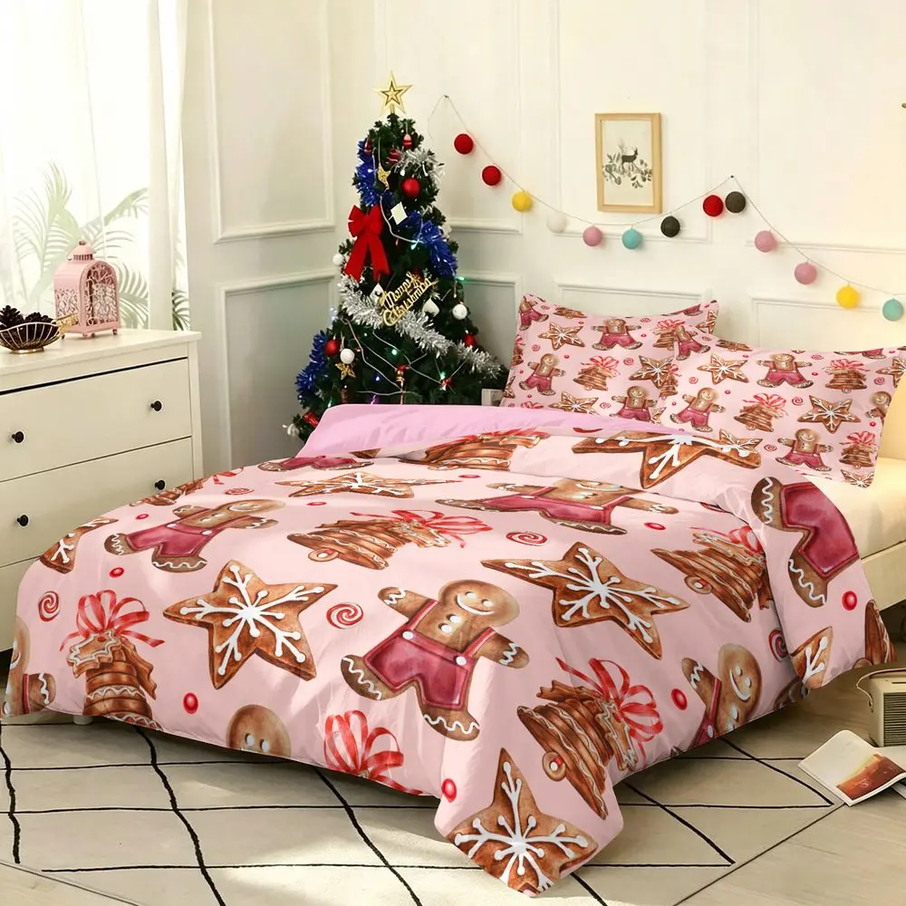 2/3Pcs Christmas Gingerbread Man Duvet Cover Set, Cute Holiday Bedding Set, Festive Xmas Cookie Print Duvet Cover with Pillowcase, Soft Bedroom Decor for Kids Home No Fillers