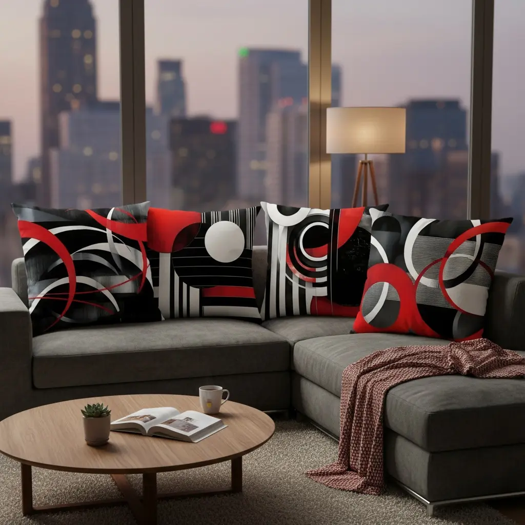 4-Piece Abstract Geometric Stripe Pillowcase Set - Red, White, Black - Soft Household Textile Cushion Covers for Sofas, Chairs