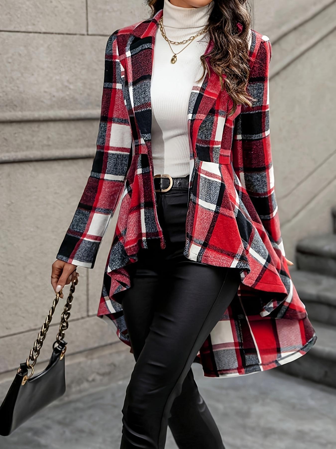 Women's Plaid Print Button High Low Hem Fitted Casual Fashion Jacket Coats, Casual Long Sleeve Lapel Neck Open Front Outerwear for Fall & Winter, Ladies Clothes for Daily Wear, Womenswear Everyday